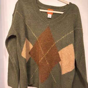 Green Argyle V-Neck Sweater with Brown & Beige Accents